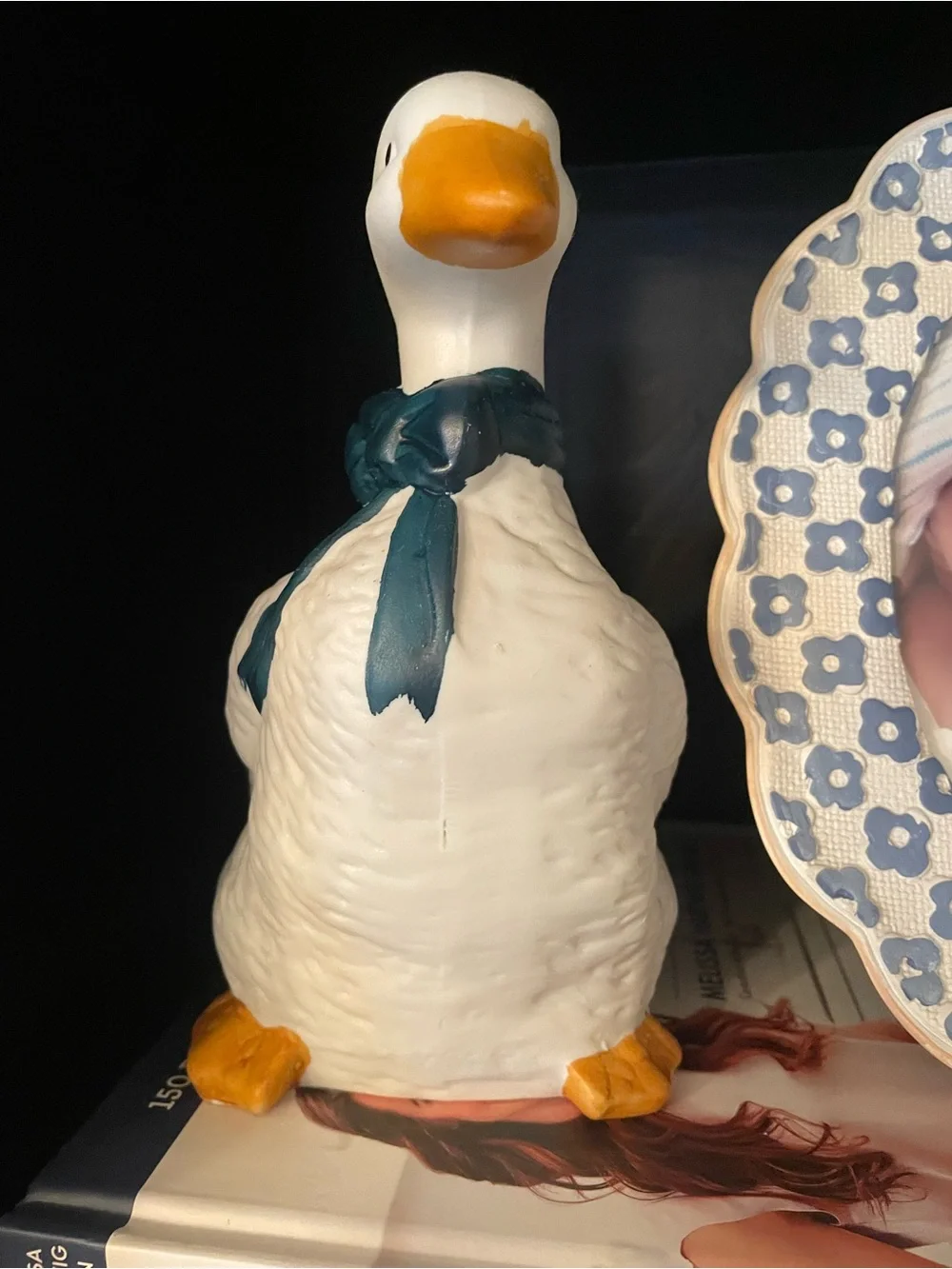 Vintage ceramic goose with blue bow 90s decor aesthetic